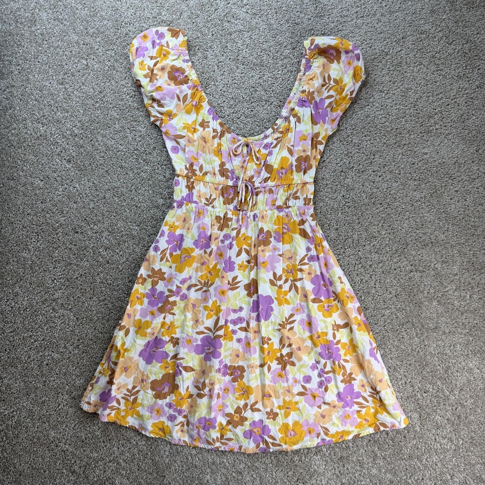 Billabong Dress Womens S Multicolor Floral Short Puff Sleeve Fit Flare Sundress